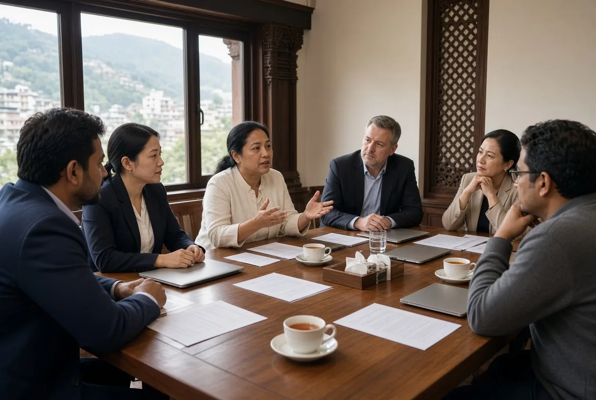 Bilingual boardroom meeting with professional interpreters in headsets
