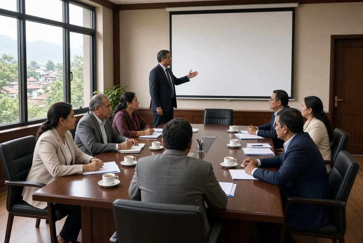 Executive committee around oval boardroom table with laptops and coffee