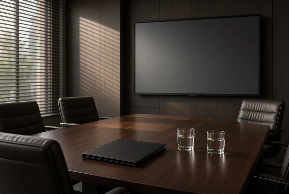 Private executive boardroom with closed doors and legal documents on table