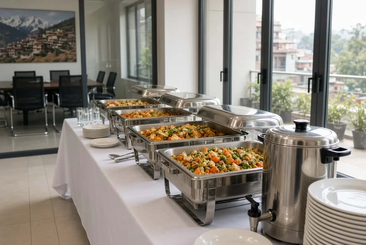 Corporate buffet lunch spread with clearly labeled gourmet dishes
