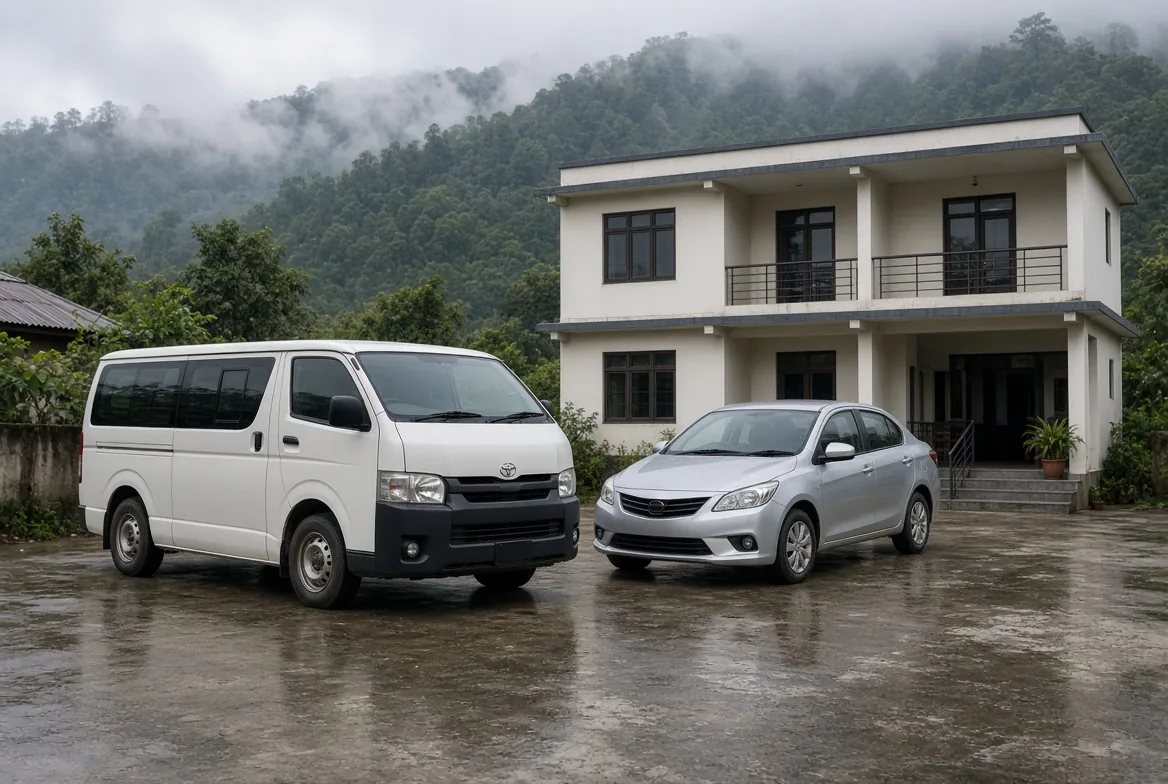 White Toyota HiAce passenger van and executive sedan parked outside corporate venue