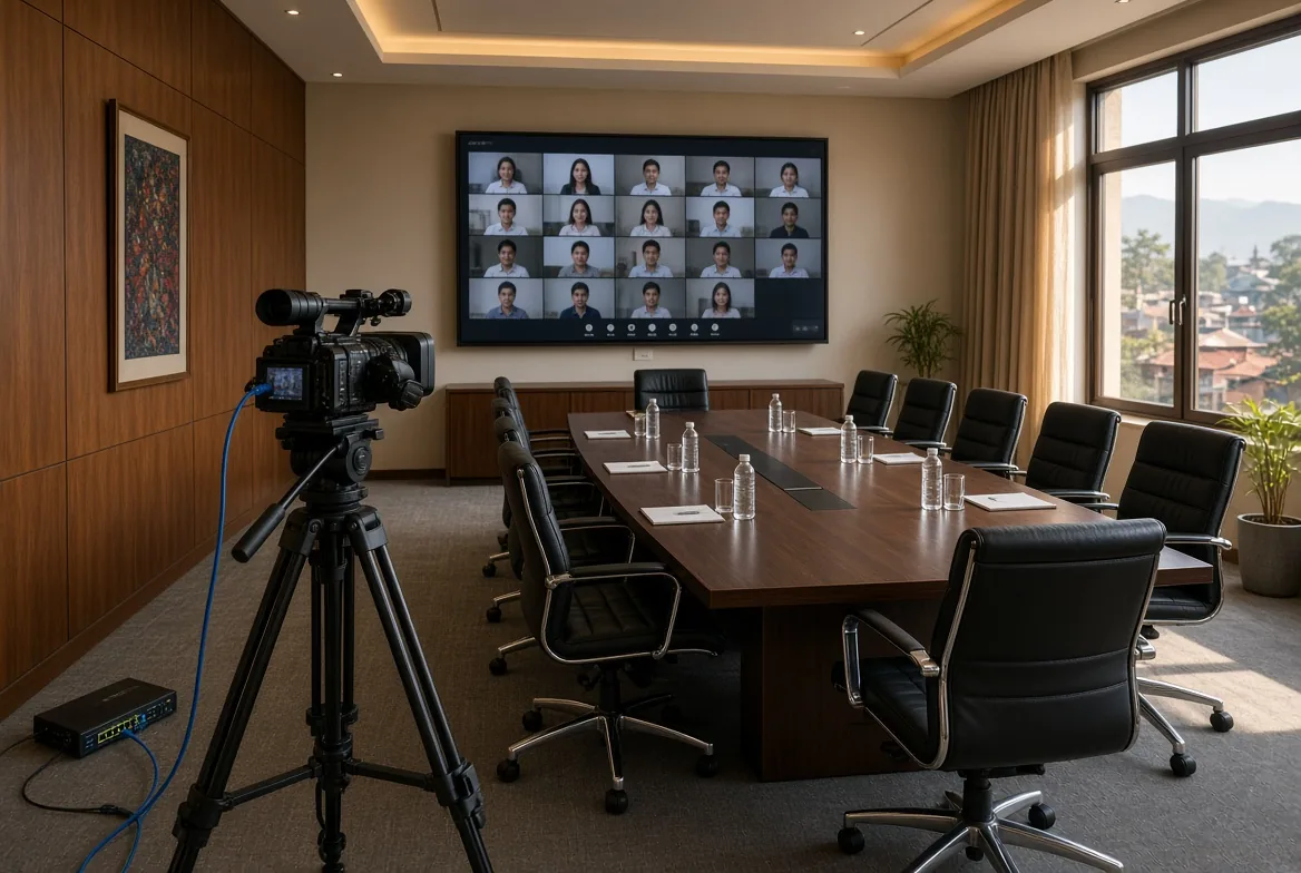Hybrid video conference room with screens and HD camera setup