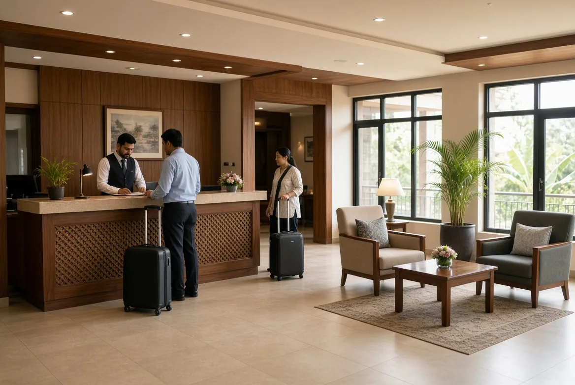 Corporate hotel suite bedroom with desk and city view