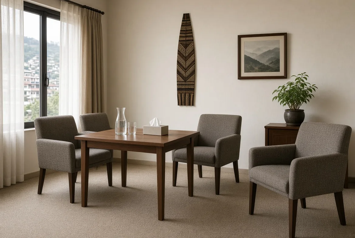 Private consultation room with sofa seating for medical case conference