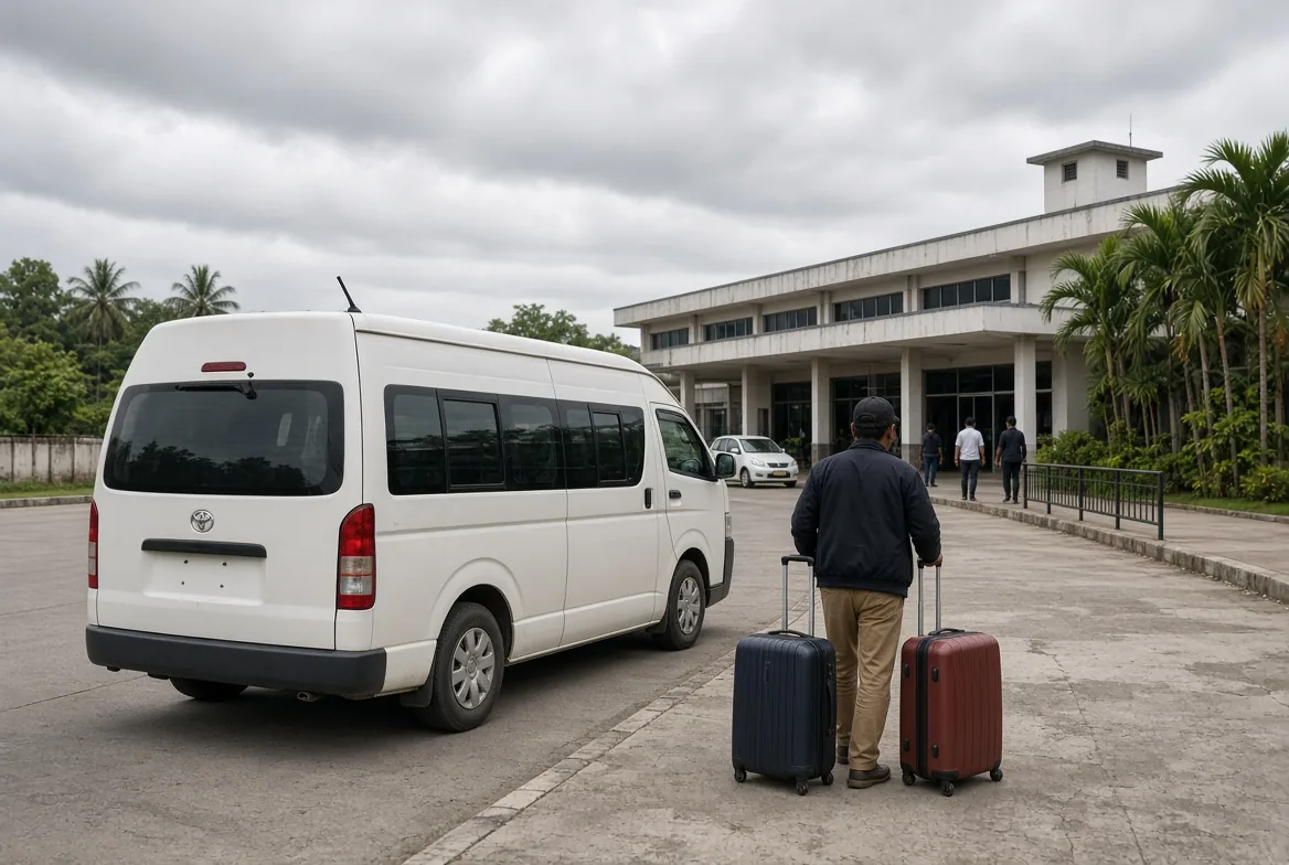 Executive airport transfer outside a modern commercial terminal