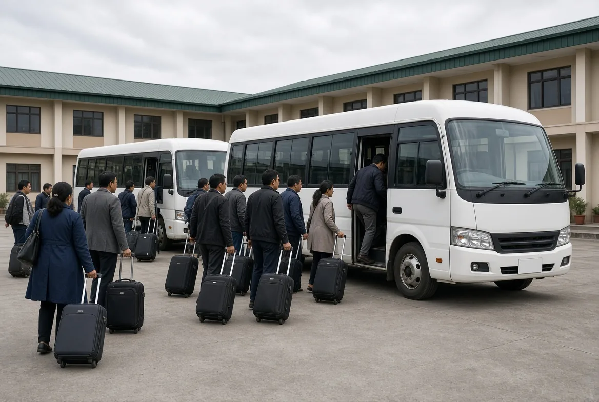 Corporate coaster bus traveling scenic highway route in Koshi Province