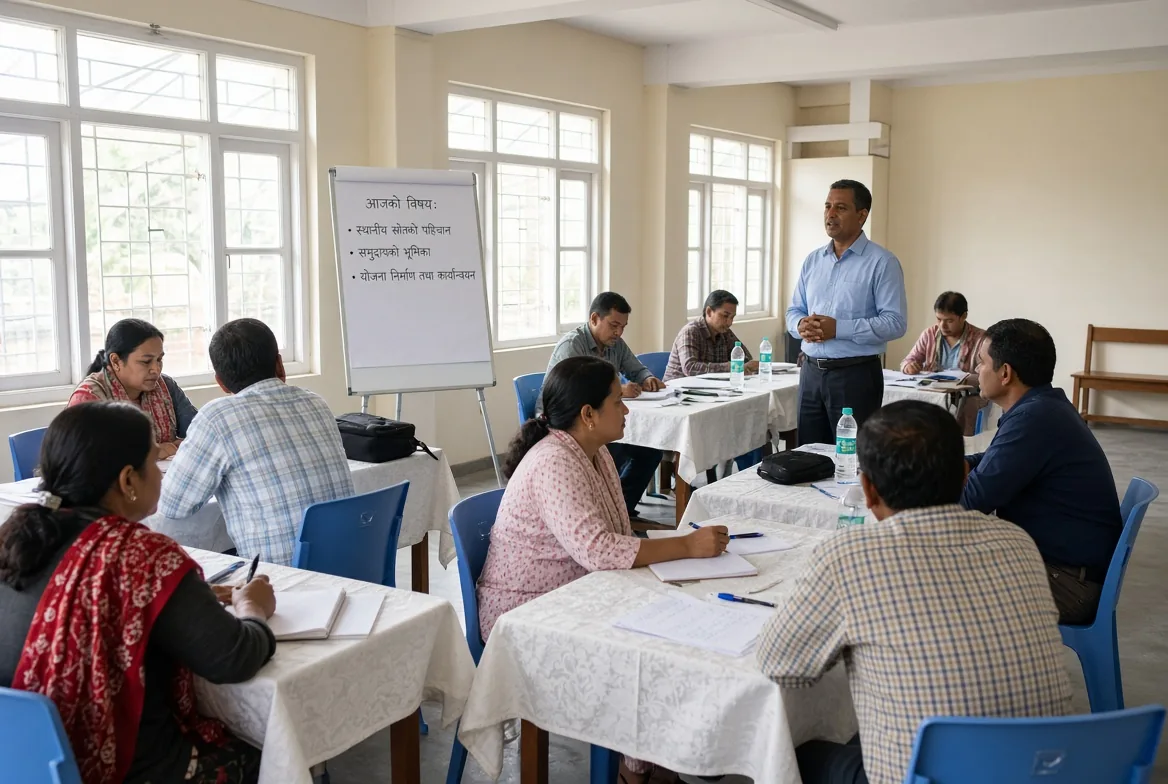 Interactive NGO training seminar with participants, notebooks and presentation screen